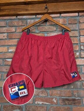 Vintage 90s Chaps Ralph Lauren Swim Trunks Red Nylon Logo XL Short Inseam